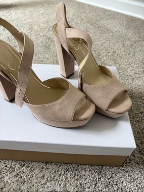Jessica Simpson Blush Tan Suede Platform Slingback Heels. New with box